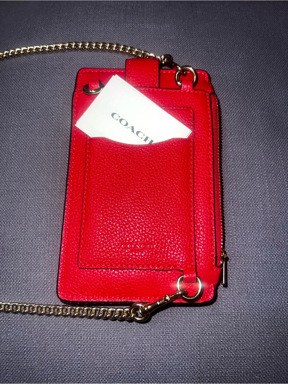 Coach Red Pebbled Leather Card Crossbody with Gold Chain - Picture 2 of 5